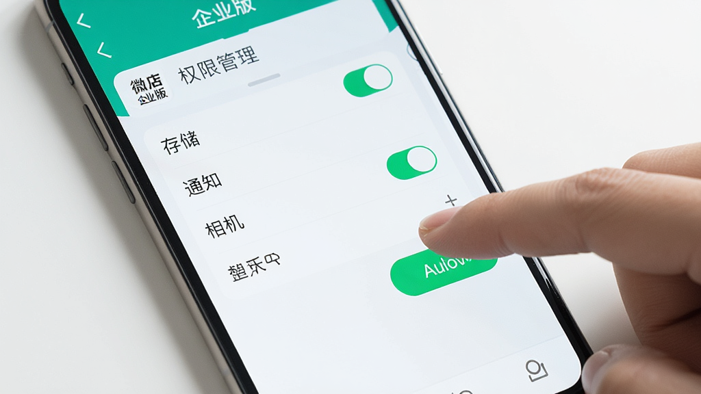 一张展示手机应用权限设置界面的场景图,屏幕上显示微店企业版的权限管理页面,有存储、通知、相机等权限开关选项,旁边有手指正在点击允许按钮,界面风格简洁现代,背景是浅色手机桌面,画质干净,无多余元素
