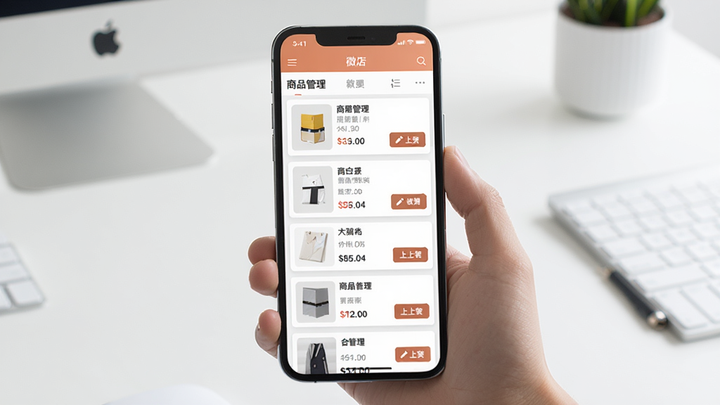 一张展示微店企业版移动端店铺管理功能的场景图,画面中一只手拿着手机,屏幕上显示商品管理列表,每个商品卡片上有缩略图、名称、价格和库存数量,旁边有编辑和上下架按钮,背景是简洁的办公桌面,风格现代扁平,画质干净,无多余元素