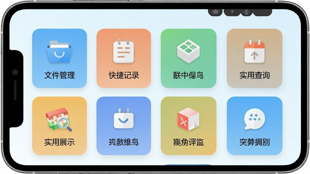 咕咚鸟轻量工具集合功能展示,手机界面中排列着多个功能图标卡片,包括文件管理、快捷记录、实用查询等模块,每个卡片配有简洁图标与文字标签,背景为浅色渐变,布局整齐有序,风格扁平化设计,画质干净无杂乱元素