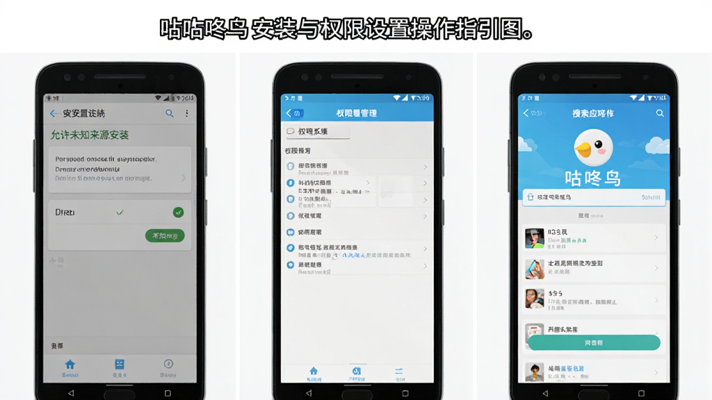 咕咚鸟安装与权限设置操作指引图,手机屏幕分步骤展示安卓系统设置中允许未知来源安装的界面、权限管理页面以及应用列表搜索咕咚鸟的流程,每一步配有简洁文字标注,界面风格原生清晰,排版分栏有序,画质干净无杂乱元素