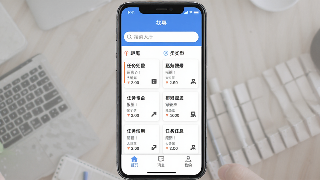 手机应用界面展示,屏幕中央是“找事”软件的任务大厅页面,上方搜索栏下方按距离和类型排列着多个任务卡片,每张卡片显示任务名称、距离和报酬,底部导航栏有首页、消息、我的三个图标,整体布局干净清爽,蓝白配色,扁平化设计风格,画质清晰,无多余元素