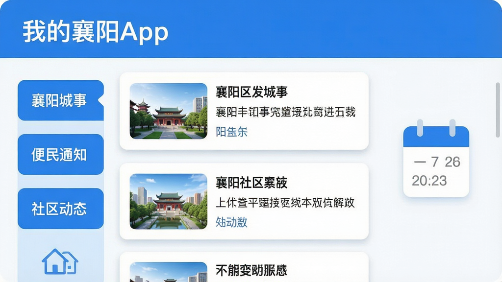 一张AI生成的概念图,画面主体是“我的襄阳App”的资讯页面,布局为左侧是分类标签如“襄阳城事”“便民通知”“社区动态”,中间是资讯卡片列表,每张卡片上有清晰的标题和摘要,右侧是一个简洁的日历图标显示日期,整体风格为清爽的蓝白配色,细节上卡片带有轻微的阴影和圆角,画质干净明亮,无杂乱元素