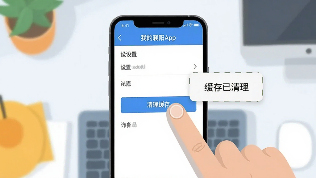 一张AI生成的手机屏幕操作示意图,画面中手机屏幕显示“我的襄阳App”的设置页面,页面上有“清理缓存”按钮被手指点击,旁边有提示框显示“缓存已清理”,背景是简洁的桌面环境,风格扁平化,色彩明快,画质干净,无多余元素