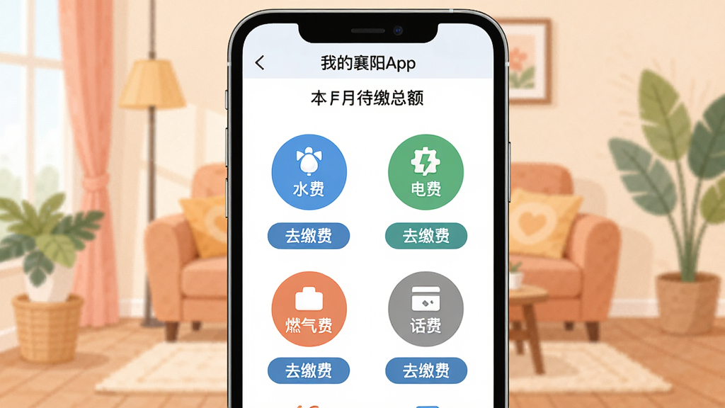 一张AI生成的“我的襄阳App”生活缴费页面示意图,画面中心是手机屏幕,屏幕内显示水费、电费、燃气费、话费四个圆形图标排列成两行,每个图标下方有“去缴费”按钮,屏幕上方显示本月待缴总额,背景是温馨的家庭客厅一角,风格扁平化设计,色彩柔和,画质干净,无杂乱文字
