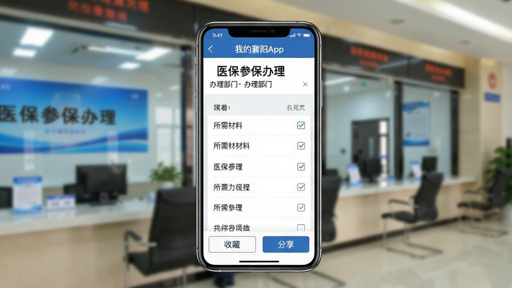 一张展示“我的襄阳App”办事指南功能界面的图片,画面中手机屏幕上显示“医保参保办理”详情页,页面顶部是事项名称和办理部门,中间用列表形式列出所需材料清单,每个材料前有小勾选框,底部有“收藏”和“分享”按钮,背景是模糊的政务大厅服务窗口,风格简洁专业,画质清晰,文字可辨,无多余装饰