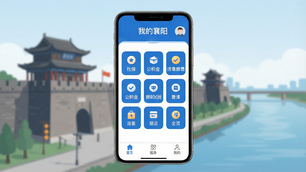 一张展示“我的襄阳App”首页整体界面的手机截图风格图片,画面中央是手机屏幕,屏幕内App以蓝白色调为主,顶部显示“我的襄阳”字样和用户头像,中间是九宫格功能图标包括社保、公积金、违章、缴费等,底部为首页、服务、我的三个选项卡,背景是襄阳古城墙与汉江的虚化剪影,风格现代扁平,细节圆润,画质干净清晰,无多余元素