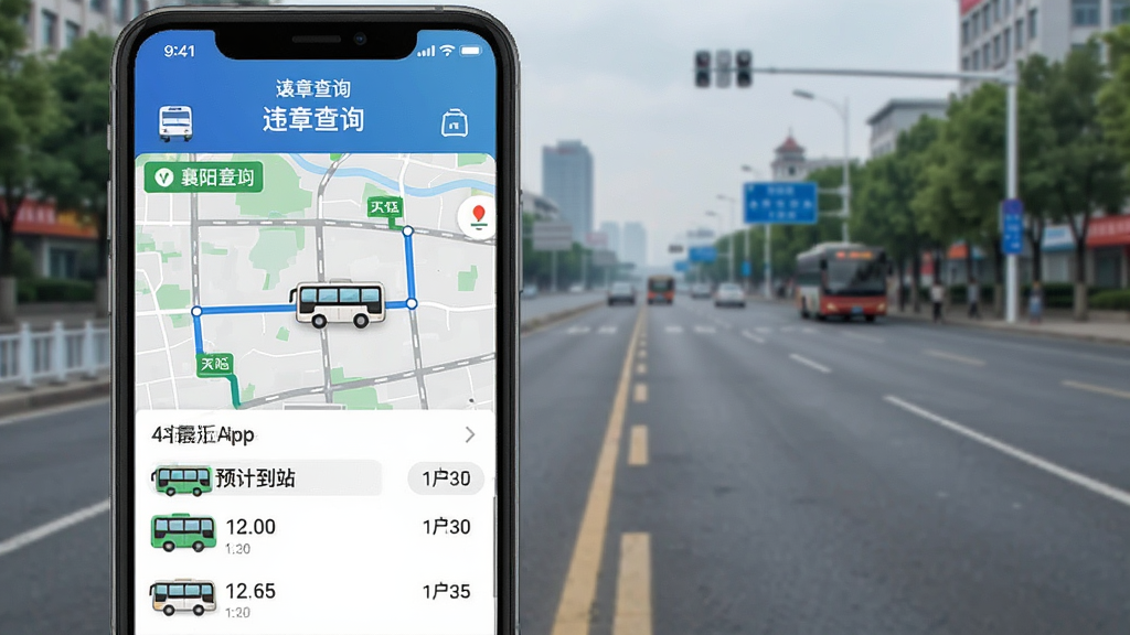 一张展示“我的襄阳App”交通出行功能的图片,画面中手机屏幕显示实时公交界面,地图上有一条公交线路和移动的公交车图标,下方列表显示最近的三辆车预计到站时间,屏幕顶部有违章查询入口,背景是襄阳的街景道路,风格现代简洁,细节清晰,画质干净,无多余元素