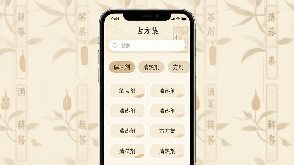 一张手机应用界面截图,画面中央是手机屏幕,屏幕内显示“古方集”应用首页,顶部有搜索框,下方分类展示“解表剂”“清热剂”等方剂标签,背景为淡雅的米黄色中医风格,整体布局简洁清晰,风格现代扁平,细节圆润,画质干净无多余元素