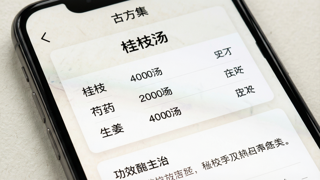 一张手机屏幕特写,屏幕内展示“古方集”方剂详情页面,上方显示方剂名称“桂枝汤”,中间以列表形式清晰列出“桂枝”“芍药”“生姜”等药材组成及用量,下方为功效主治说明,界面采用卡片式设计,背景为浅色纹理,风格简洁专业,画质干净无多余元素