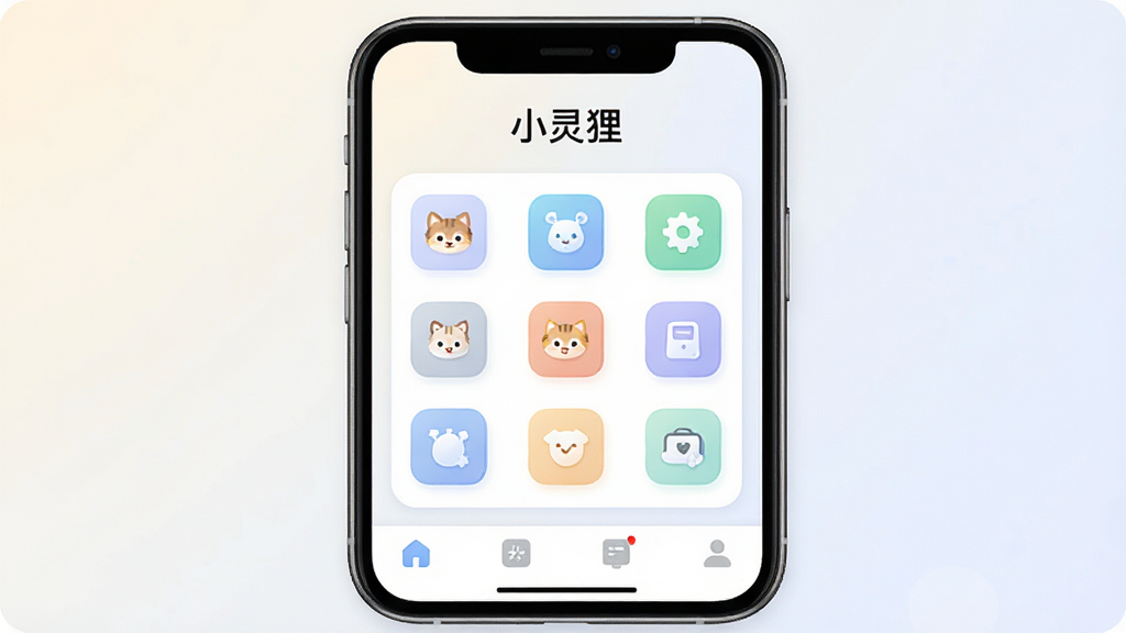 一张手机应用界面展示图,画面中央是手机屏幕,屏幕上显示“小灵狸”应用的主界面,界面布局简洁,顶部有应用名称“小灵狸”,中间是功能图标网格排列,底部有导航栏,背景为浅色渐变,风格现代扁平化,细节圆润,画质干净清晰,无多余元素
