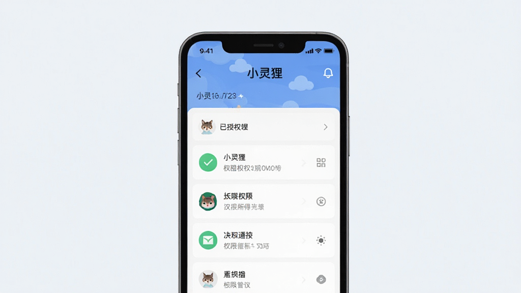 一张手机安全权限设置界面展示图,画面中手机屏幕显示“小灵狸”的权限管理页面,列表展示已授权的权限项目,界面简洁明了,背景为浅色,风格现代扁平,画质干净清晰