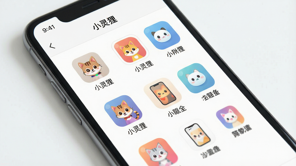 一张手机应用功能展示图,画面中手机屏幕显示“小灵狸”的功能列表页面,图标整齐排列,每个图标下方有文字标签,背景简洁,风格清爽,画质干净,无多余装饰元素