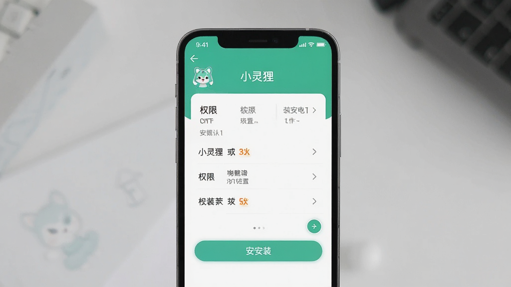 一张手机应用安装权限设置界面展示图,画面中手机屏幕显示“小灵狸”的安装确认页面,有权限列表和安装按钮,界面清晰,背景简洁,风格现代,画质干净