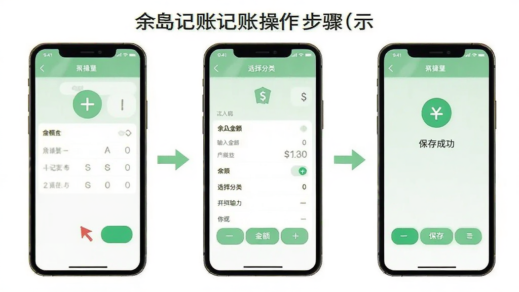 余岛记账记账操作步骤示意图,画面展示手机屏幕从点击加号按钮到输入金额选择分类再到保存成功的三步流程,界面采用浅绿色主色调,步骤之间有箭头引导,图标清晰,布局简洁,画质干净无多余元素