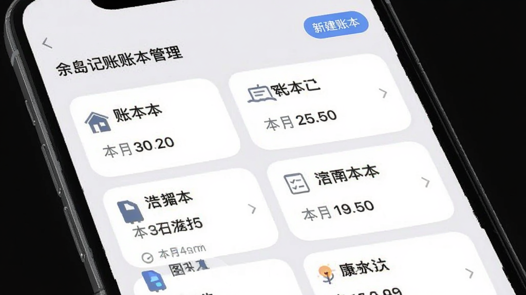 余岛记账账本管理界面,手机屏幕显示多个账本卡片列表,每个卡片有账本名称和本月支出金额,右上角有新建账本按钮,界面采用浅灰背景配白色卡片,图标简洁,文字清晰,整体风格清爽干净,画质细腻