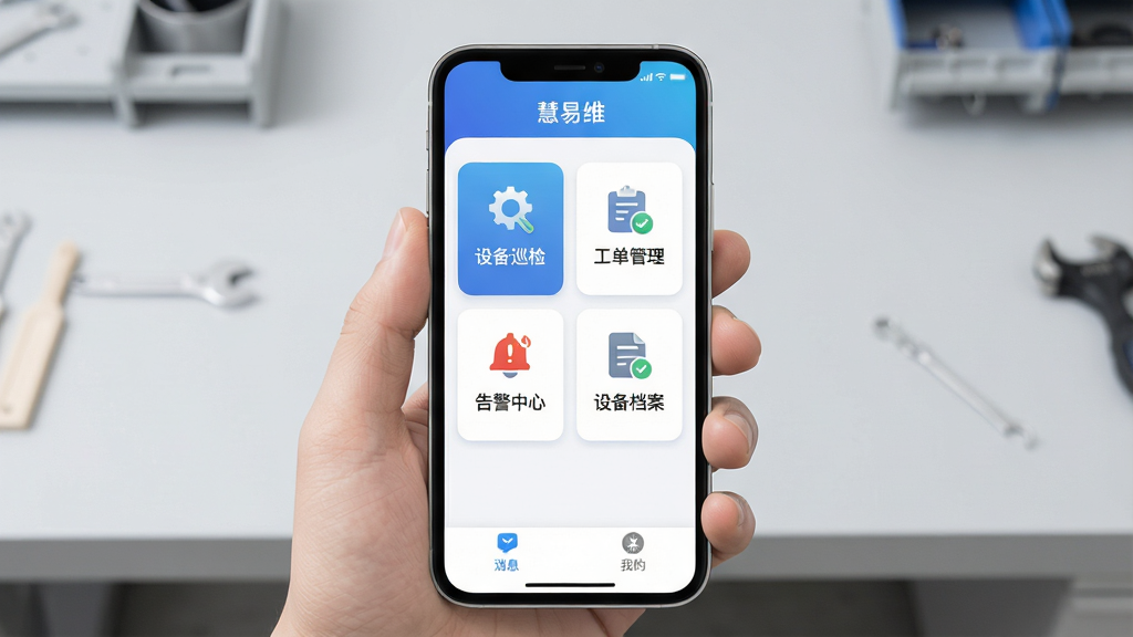 一张展示“慧易维”App手机端主界面的图片,画面中央是一部手持智能手机,屏幕显示慧易维应用首页,顶部为蓝色渐变导航栏,中间卡片式排列“设备巡检”“工单管理”“告警中心”“设备档案”四个功能入口,底部为消息和我的两个标签,背景为浅灰色工作台环境,风格现代扁平,细节圆润清晰,画质干净无多余元素