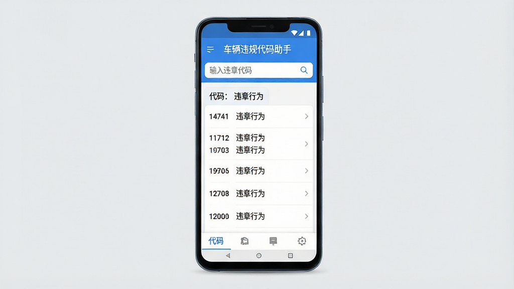 һ���ֻ�Ӧ�ý���չʾͼ������������һ��������׿�ֻ�����Ļ����ʾ������Υ��������֡��������棬������������д�š�����Υ�´��롱���м��������Ĵ����ѯ����б������������������Ӧ��Υ����Ϊ�������֣��ײ��Ǽ���ѡ������岼�ָɾ����࣬������ɫΪ��������ִ���ƽ����ϸ��Բ��������Ԫ�أ�������������������Ϊ��ɫǳ�ң��޶���װ��