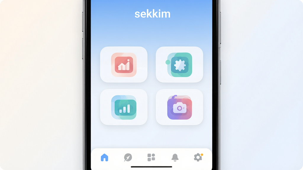 һ��չʾsekkim������������Ч��ͼ������Ϊһ����׿�ֻ���Ļ����Ļ������ʾsekkimӦ�������棬���ּ�࣬�������������ơ�sekkim���������м����м�������ͼ�꣬�ײ�Ϊ�������������Ű���ˬ�����Ϊ�ִ���ƽ����ƣ�ϸ��Բ�󣬻��ʸɾ��������޶���Ԫ�أ�����Ϊǳɫ����
