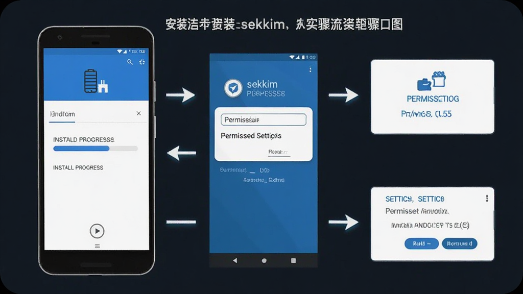 һ��չʾ��׿�ֻ���װsekkim���̵Ĳ���ʾ��ͼ������Ϊ�ֻ���Ļ��д����������ʾ��װ��������Ȩ�����ý��棬�Ű�����չʾ��װ���̵ĸ������裬���Ϊ��ƽ����Ϣͼ�����ɫ������Ϊ����ϸ�ڼ�����ˣ����ʸɾ�������Ԫ��