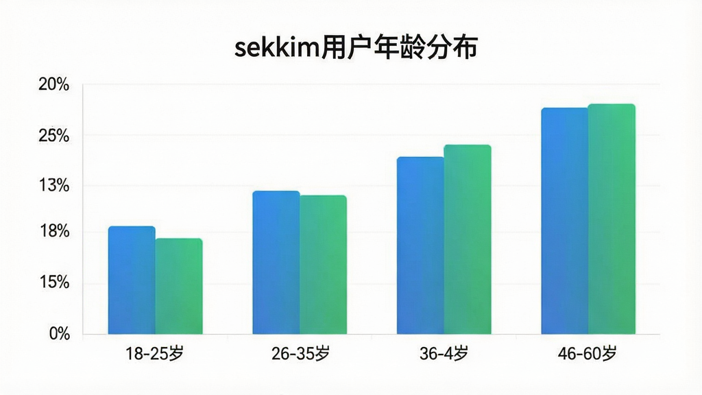 һ��չʾsekkim�û�����ֲ�����״ͼ������Ϊͼ�����棬����Ϊ����η�Ϊ18-25�ꡢ26-35�ꡢ36-45�ꡢ46-60���ĸ����䣬����Ϊ�û�ռ�Ȱٷֱȣ���״ͼ��ɫΪ���̽��䣬ͼ���Ϸ���ע��sekkim�û�����ֲ������������Ϊ������ݿ��ӻ��磬����Ϊ��ɫ�����������ɾ����޶���Ԫ��