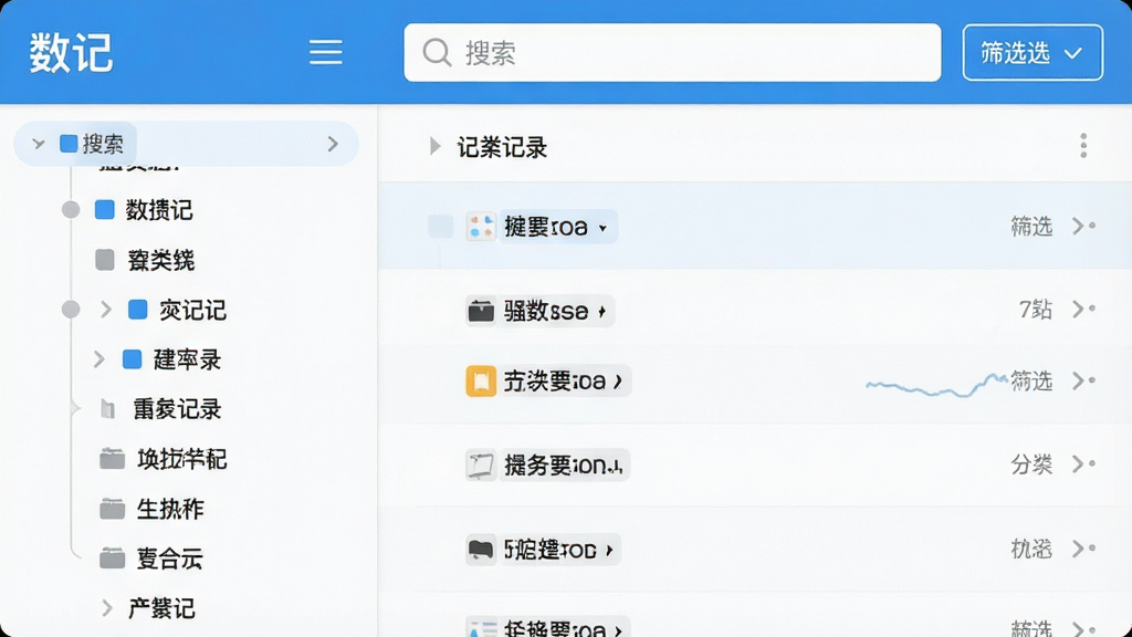 һ��Ӧ�ý���ʾ��ͼ��չʾ�����ǡ�App�ķ������ҳ�棬���������Ϊ����Ŀ¼�����Ҳ�Ϊ��Ӧ�����µļ�¼��Ŀ�б����������������ɸѡ��ť���������ƽ��࣬��ɫ��Ϊ���ף����������ɾ����޶���Ԫ��