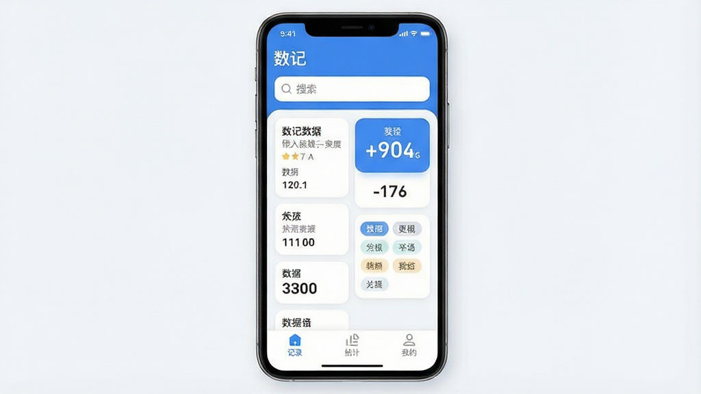 һ���ֻ�Ӧ�ý���չʾͼ�����������ǡ����ǡ�App�������棬���岼�ּ����ˬ��������ʾ�����ǡ�Ӧ�����ƺ����������м��Ƿ��࿨Ƭʽ���ݼ�¼�б��������ı���Ŀ������ͳ�ƺͱ�ǩ����ģ�飬�ײ�Ϊ��¼��ͳ�ơ��ҵ���������ѡ�����ִ���ƽ������ɫ������Ϊ����ϸ��Բ�󣬻��ʸɾ��������޶���Ԫ��