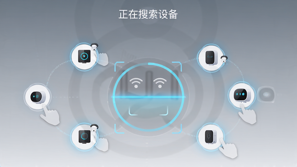 IOTMGRӦ�����豸ɨ����棬�����м���һ��Բ��ɨ�趯������Χɢ���Ų�ͬƷ��������豸ͼ�걻��һ���ֲ�������������ʾ�����������豸������������Ϊǳ��ɫ���䣬���Ƽ���࣬ϸ�ڸɾ�����������������Ԫ��