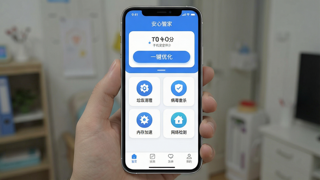 һ���ֻ�Ӧ���������չʾͼ��������������Ϊ�����Ĺܼҡ���APP���棬�������������ɫ��������ʾ�ֻ���ȫ���ֺ͡�һ���Ż�����ť���м�����������������������ɱ���ڴ���١��������ĸ�����ͼ�꣬�ײ��ǵ�������������ִ���ͼ��Բ�󣬻��ʸɾ��������޶���Ԫ��