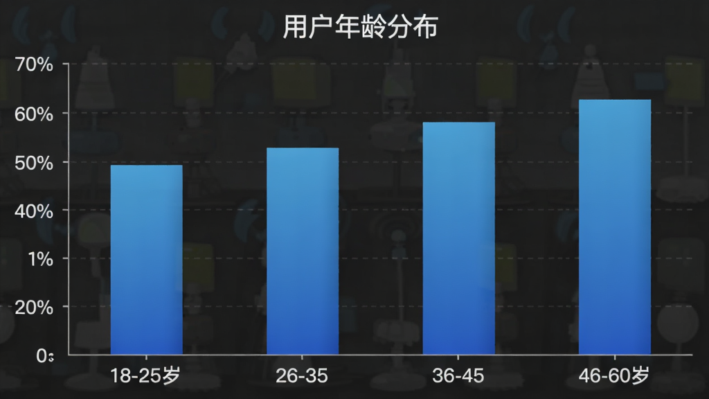 ��״ͼչʾ����ȫ�����ǵ����û�����ֲ�������Ϊ18-25�ꡢ26-35�ꡢ36-45�ꡢ46-60���ĸ�����Σ�����Ϊ�û�ռ�Ȱٷֱȣ�����Ϊ��ɫ���䣬ͼ������Ϊ���û�����ֲ�������������񣬻��ʸɾ����޶���װ��