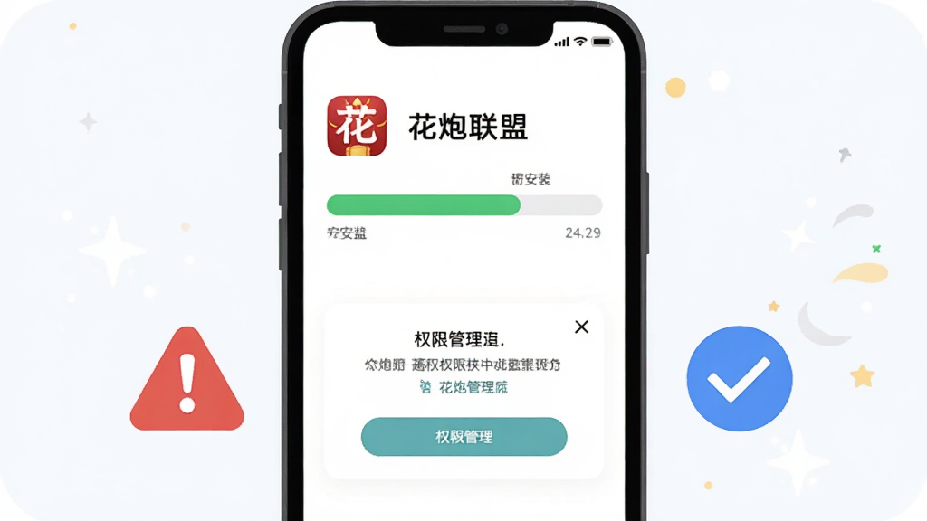 �ֻ���Ļ��ʾ���������ˡ�App�İ�װ���������棬�·���Ȩ�޹�������ʾ�⣬�Ա�����һ����ɫ��ʾͼ�����ɫ�Թ�ͼ��Աȣ�������࣬���˵���Ա�ƽ�廭�����������ɾ��޶���Ԫ��