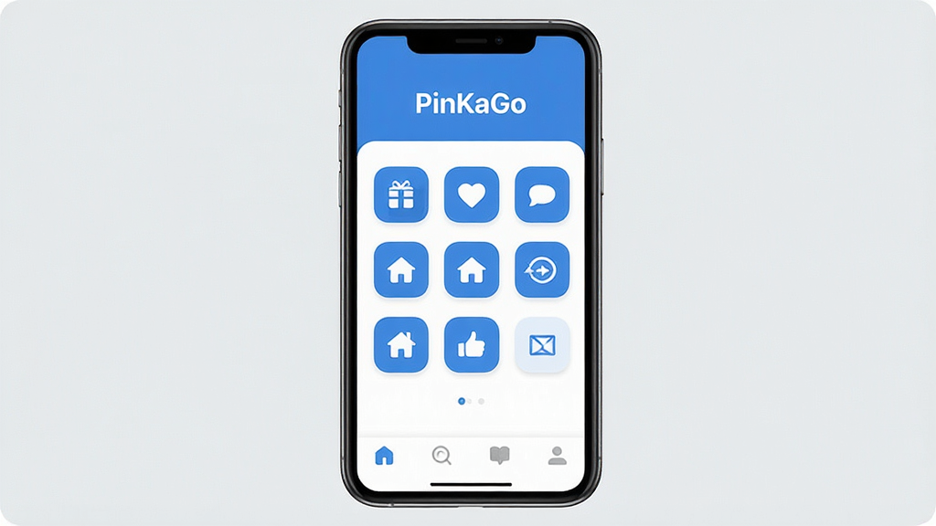 һ��չʾPinKaGo������������ֻ�����ͼ�����������Ǽ����ˬ��App��ҳ���֣�������ʾ�������ơ�PinKaGo�����м�Ϊ����ͼ����󣬵ײ�Ϊ���������������������ɫ����ƽ����Ʒ��ϸ��Բ�󣬻��ʸɾ��������޶���Ԫ��
