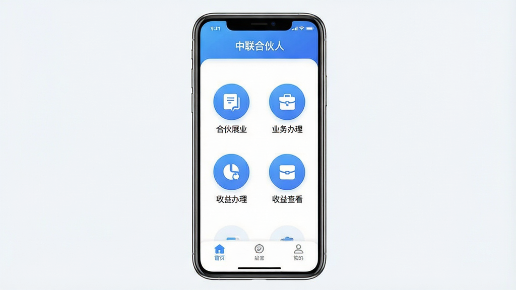 һ���ֻ�Ӧ�ý���չʾͼ������������һ�������ֻ�����Ļ����ʾ�������ϻ��ˡ�App��ҳ������Ϊ��ɫ���䵼�������м������źϻ�չҵ��ҵ�����������鿴��Բ�ι���ͼ�꣬�ײ�Ϊ����ѡ������岼������������ִ���ƽ����ɫ������Ϊ����ϸ��Բ�󣬻��ʸɾ����޶���Ԫ��