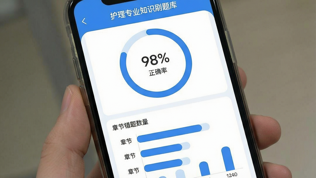 һ���ֻ�App����ͳ�ƽ���չʾͼ����������Ϊһ���ֻ�����Ļ��ʾ������רҵ֪ʶˢ��⡱�Ĵ������ҳ�棬�ϰ벿��Ϊ���ν���ͼ����ȷ�ʰٷֱȣ��°벿��Ϊ���½����еĴ���������״ͼ����ɫΪ������䣬������ִ���ƽ�����Ű������в�Σ�ϸ����ͼ��Բ��ɾ�����������������Ԫ��