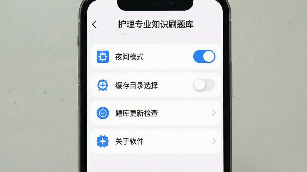 һ���ֻ�App���ý���չʾͼ����������Ϊһ���ֻ�����Ļ��ʾ������רҵ֪ʶˢ��⡱������ҳ�棬�б������ҹ��ģʽ���ء�����Ŀ¼ѡ�������¼�顢���������ĸ���Ŀ��ÿ����Ŀ����ж�ӦСͼ�꣬��ɫΪ��ɫ��������ɫͼ�꣬����Լ��ƽ���Ű���Ŀ�����ȣ�ϸ���Ͽ��ذ�ťԲ�󣬻��ʸɾ�������Ԫ��