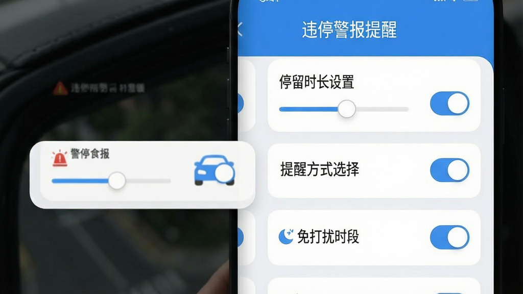 һ��չʾ��Υͣ�������ѡ�App���ý����ͼƬ�������������ɼ���Υͣ�������ѡ����⣬�·������š�ͣ��ʱ�����á������ѷ�ʽѡ�񡱡������ʱ�Ρ���ѡ�Ƭ����Ƭ���л���Ϳ��ؿؼ�����������ˬ��������ɫ����ͼ��Բ�󣬲��ֹ��������ʸɾ���������Ԫ��