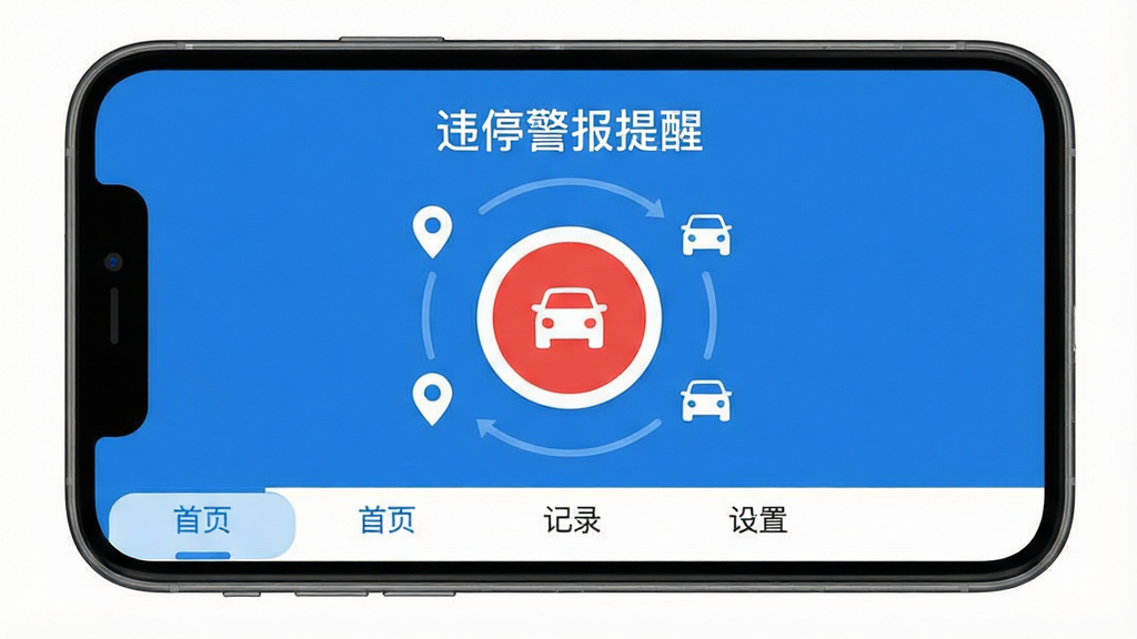 һ���ֻ�Ӧ�ý���չʾͼ�����������ǡ�Υͣ�������ѡ�App�������棬������ʾ��Υͣ�������ѡ��������м���һ����Ŀ��Բ�ξ������ذ�ť����ť��Χ�����Ŷ�λͼ��ͳ���ͼ�꣬�ײ���������ǩҳ�ֱ��ǡ���ҳ������¼�������á������������ִ���������ɫ����ƽ����ƣ����ʸɾ��������޶���Ԫ��