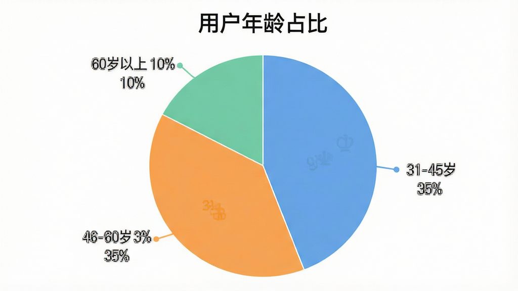 一张展示全民对弈象棋用户年龄分布的饼状图,图表标题为“用户年龄占比”,饼图分为四个色块分别标注“18-30岁 20%”“31-45岁 35%”“46-60岁 35%”“60岁以上 10%”,配色清爽,背景干净,风格简洁数据可视化,画质清晰,无多余元素