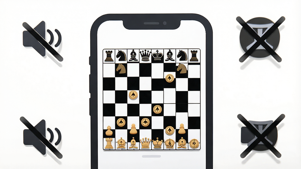 一张以“全民对弈象棋”为主题的极简风格插画,画面主体是一部手机屏幕内显示着干净的象棋棋盘,屏幕周围环绕着象征“无广告”的静音符号和屏蔽图标,背景为纯白色,风格扁平化设计,细节圆润,画质清晰干净,无多余元素