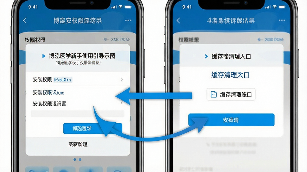一张博鳌医学新手使用引导示意图,画面为手机屏幕显示安装权限设置页面与缓存清理入口的拼接示意,用箭头标注操作路径,整体蓝白配色,风格简洁直观,布局清晰,细节干净,画质清晰,无多余元素