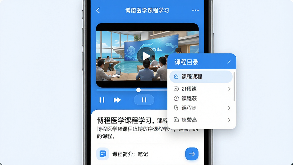 一张博鳌医学课程学习界面展示图,手机屏幕上显示视频课程播放页,画面中有播放进度条、倍速按钮和课程目录浮层,屏幕下方为课程简介与笔记入口,整体采用蓝白配色,风格现代简洁,图标圆润,布局清晰,画质干净,无多余元素