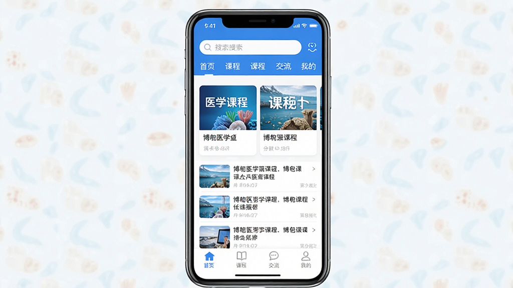 一张展示博鳌医学App整体界面的手机屏幕效果图,画面中央是一部竖屏智能手机,屏幕内显示博鳌医学App首页,顶部有搜索框和分类导航,中部是医学课程卡片与资讯列表,底部为首页、课程、交流、我的四个标签栏,整体采用蓝白色调,风格简洁现代扁平化,细节干净,画质清晰,无多余元素
