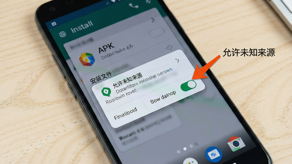 һ��չʾ��׿�ֻ���װAPK�ļ��Ľ���ʾ��ͼ���������ֻ���Ļ������װȷ�϶Ի����Ա��м�ͷ��ע������δ֪��Դ���Ŀ���λ�ã�������дʵ������������ǳɫ���棬���ʸɾ����޶���Ԫ��