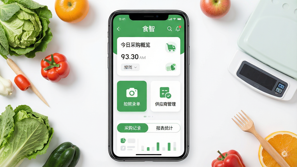 一张展示食智采软件核心全貌的手机应用界面图,画面中央是一部现代智能手机,手机屏幕上清晰展示着食智采的首页布局,顶部是今日采购概览卡片,中间是快捷功能入口包括拍照录单和供应商管理,底部是采购记录和报表统计选项卡,整体配色以清新的绿色和白色为主,界面干净整洁,周围点缀着新鲜的蔬菜水果和电子秤等食材采购相关元素,扁平化设计风格,细节圆润,画质清晰锐利,背景简洁无多余杂物