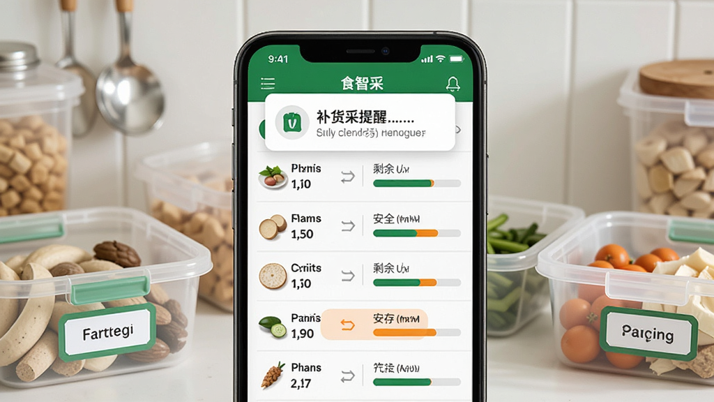 手机屏幕上显示食智采的库存管理界面,画面中是一个清晰的食材库存列表,每样食材旁边都有剩余数量和安全库存进度条,部分食材用橙色标注提醒库存偏低,屏幕上方弹出补货提醒通知卡片,手机旁边摆放着几个装有食材的收纳盒和标签,整体风格实用简洁,色彩以绿色和白色为主,画质干净明亮,背景为厨房储物间
