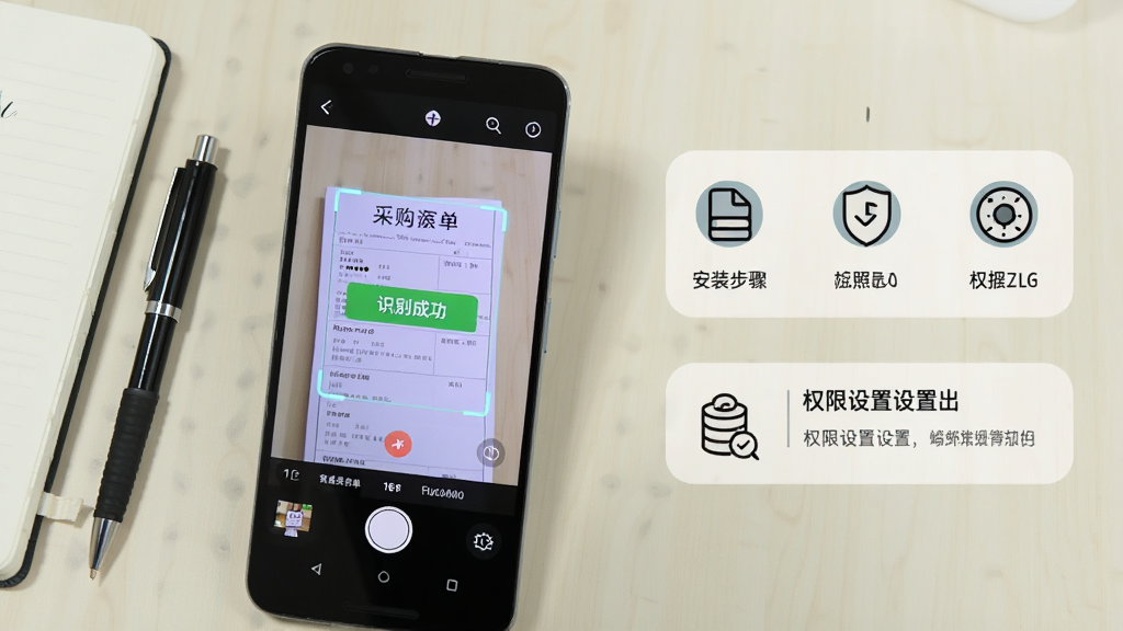 一部安卓手机屏幕上显示食智采的拍照录单操作界面,画面中手机正对着一张采购单据进行拍摄,屏幕上出现识别框和“识别成功”的提示,手机旁边放着一支笔和一个笔记本,画面右侧用简洁的图标展示安装步骤和权限设置提示,整体风格清新实用,色调明亮,画质干净清晰,背景为浅色桌面无杂物