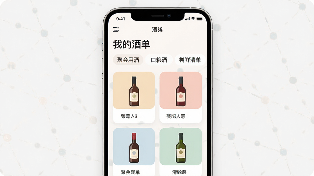 һ���ֻ������ͼ���ͼ��չʾ���Ƴ���App���ղؼ�ҳ�棬��������Ϊ���ҵľƵ������·��Ƿ����ǩ���ۻ��þơ��������ơ��������嵥����ÿ���������м��žƿ����Կ�Ƭ����Ƭ����С��ƿͼ������ƣ������ɾ�����ɫ��ͣ���������