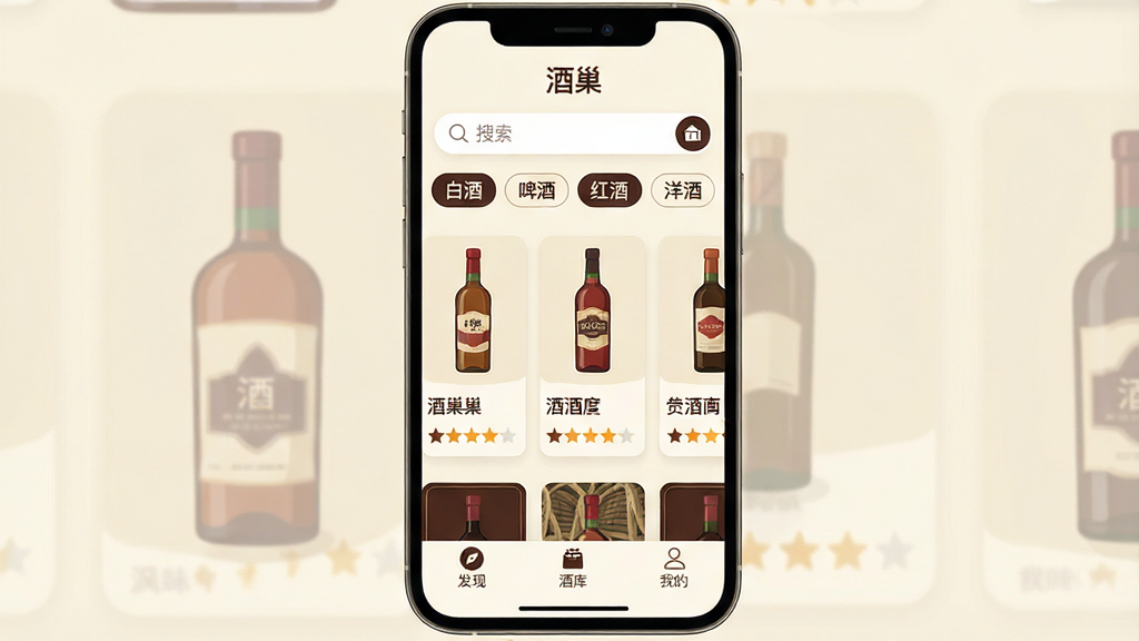 һ���ֻ�Ӧ�ý���չʾͼ�����������ǡ��Ƴ���App����ҳ���������������͡��׾ơ���ơ�ơ�����ơ�����ơ������ǩ���м��Ǻ��򻬶��ľƿ��Ƽ���Ƭ��ÿ�ſ�Ƭ���о�ƿ��ͼ�����ƺͷ�ζ�Ǽ����ײ��ǡ����֡����ƿ⡱���ҵġ�����������ť�����������¼�Լ���װ���������ɫ�����ʸɾ��޶���Ԫ��