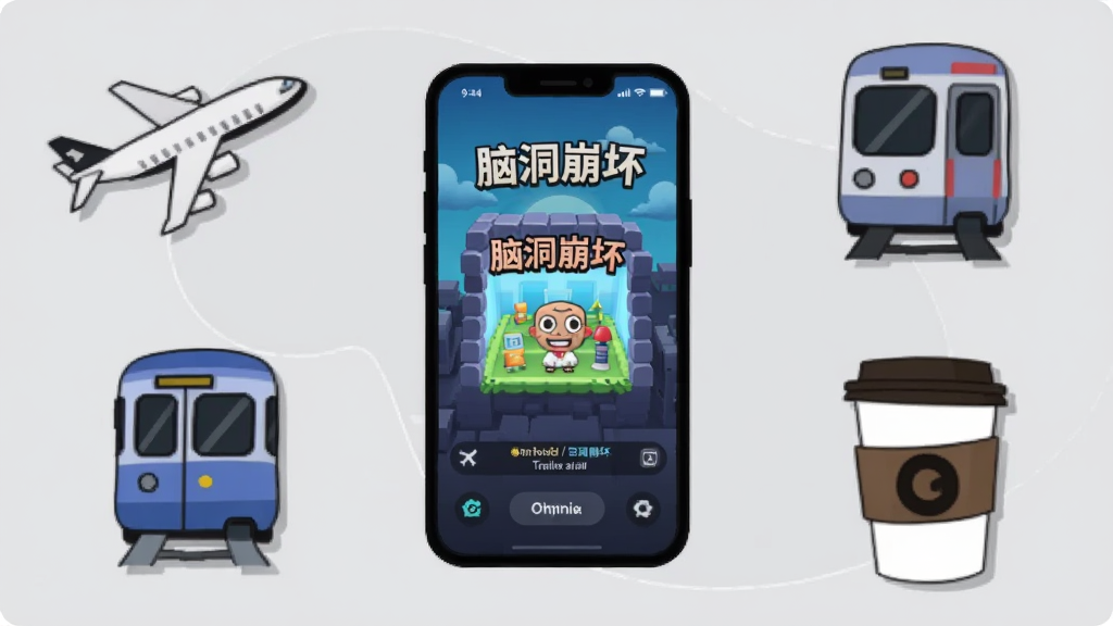 一张插画展示手机离线状态下运行「脑洞崩坏」的场景,手机屏幕亮着显示游戏关卡,周围有飞机、地铁、咖啡杯等出行元素,背景是浅灰色,风格简约现代,细节清晰,画质干净无多余元素