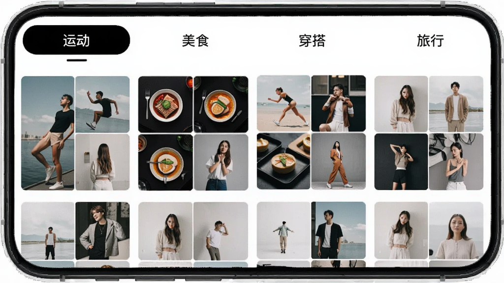 ������ģ�����Ľ��棬�ֻ���Ļ��ʾģ�����ҳ�棬�����С��˶�������ʳ������������С��ĸ������ǩ���·�������ģ������ͼ��ÿ��ģ��չʾ��ͬ��ƴͼ������ʽ������ɾ����࣬����Լ������������������Ԫ��