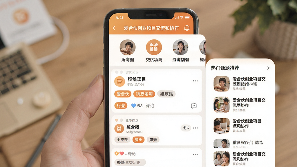 ����չʾһ���ֻ�Ӧ�õ�Ȧ��ҳ�棬�����ǡ����ϻﴴҵ��Ŀ������Э������Ȧ���б���������������Ϣ�������Ӵ�����ҵ��ǩ������������������Ż����Ƽ��������岼��Ϊ��Ƭʽ��ƣ���ɫ��ů����������Լ�ִ������ʸɾ�������������������Ԫ��